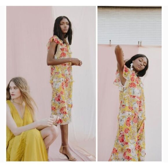 Anthropologie X Dolan Silk Yellow Floral Flutter Cap Sleeve Knee Length Dress - Picture 1 of 11
